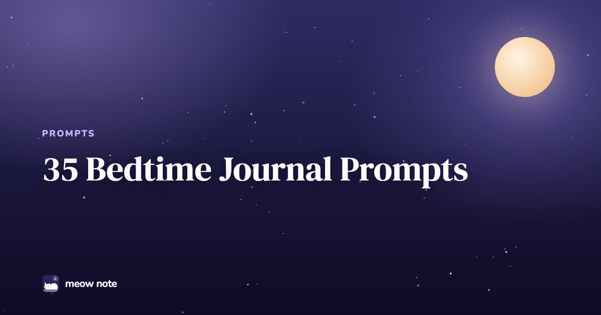 A crescent moon over a dark bedroom with the title 35 Bedtime Journal Prompts for a Quieter Mind