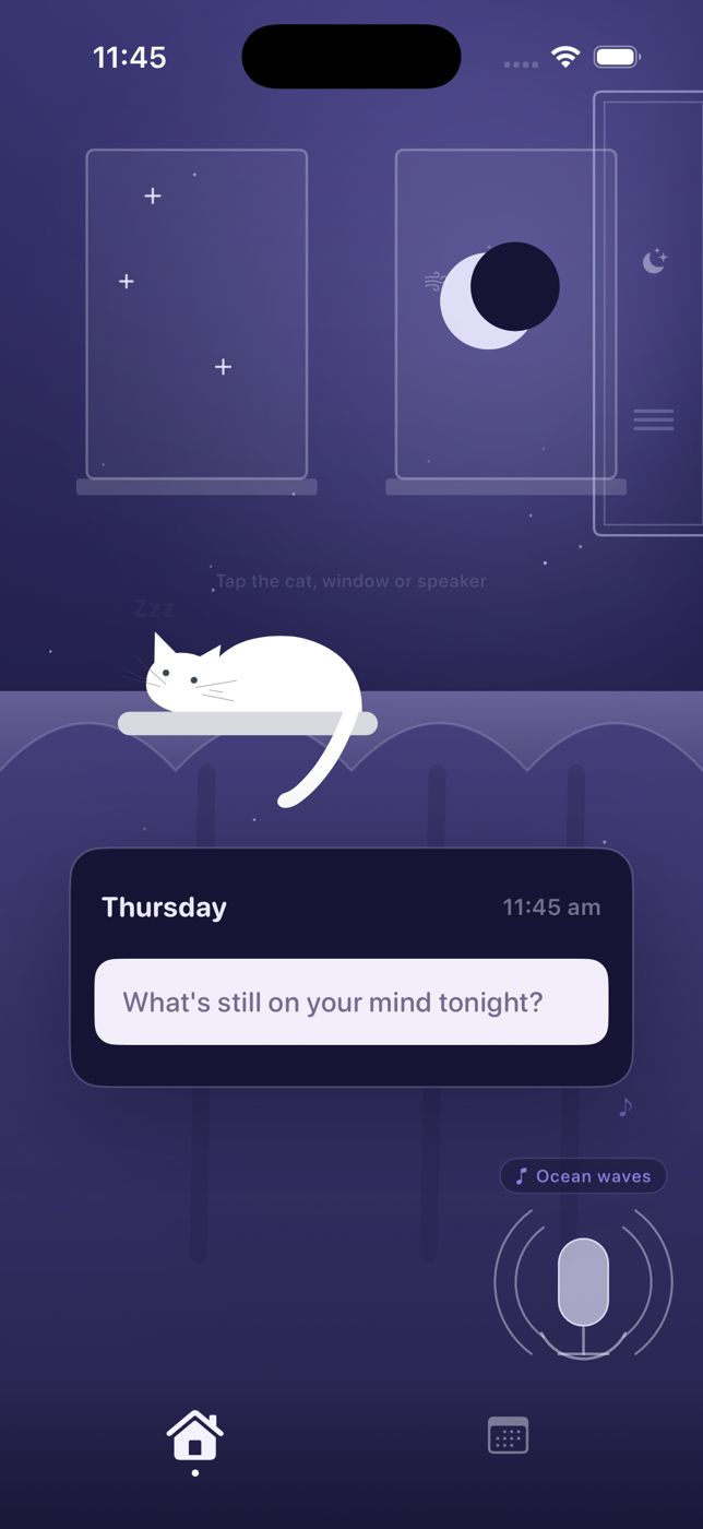 meow note app showing the bedtime journal and voice recording interface